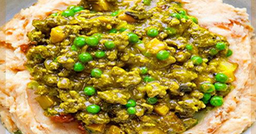 Beef with Peas Over Carrot-Potato Mash